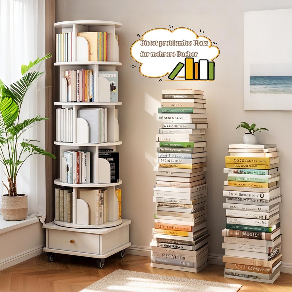 Libreria Rotante a 6 Piani, Scaffale Rotondo a 360 Gradi, Ruote e Cassetto, Scaffale Salvaspazio per Stanze Piccole – Ideale per Camera da Letto, Soggiorno, Casa, Ufficio