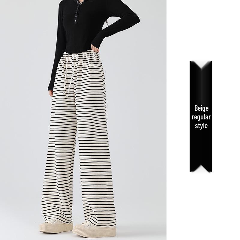 

Striped Wide-Leg High-Waist Slimming Pants for Women - Spring/Autumn Floor-Length Casual Wear Small белый
