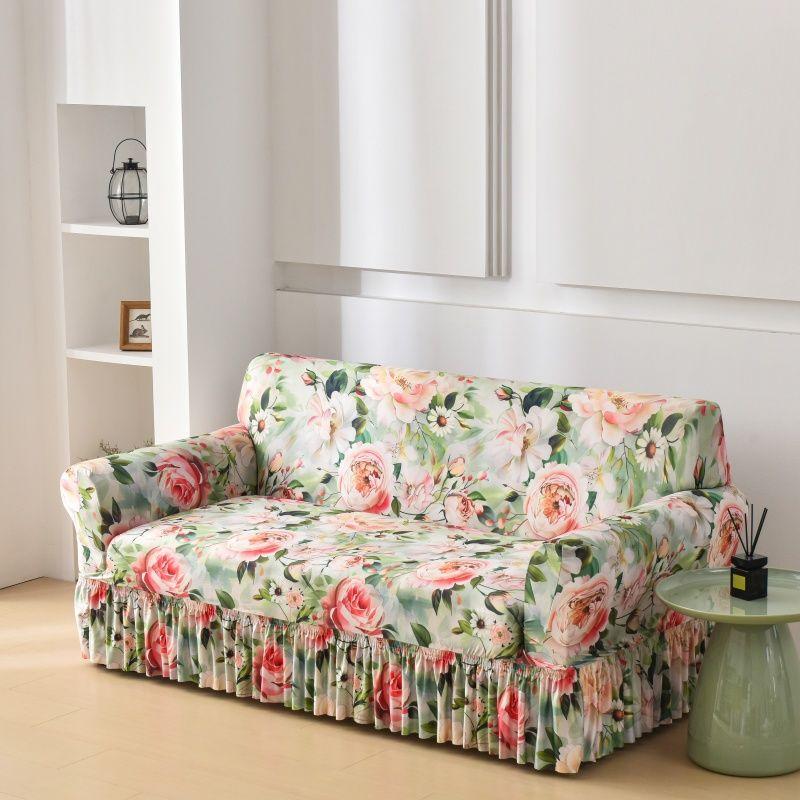 Floral Digital Print Elastic Sofa Cover with Ruffled Hem - Stretchy One-Piece Design, Adjustable Straps  Couch Covers for Sofa