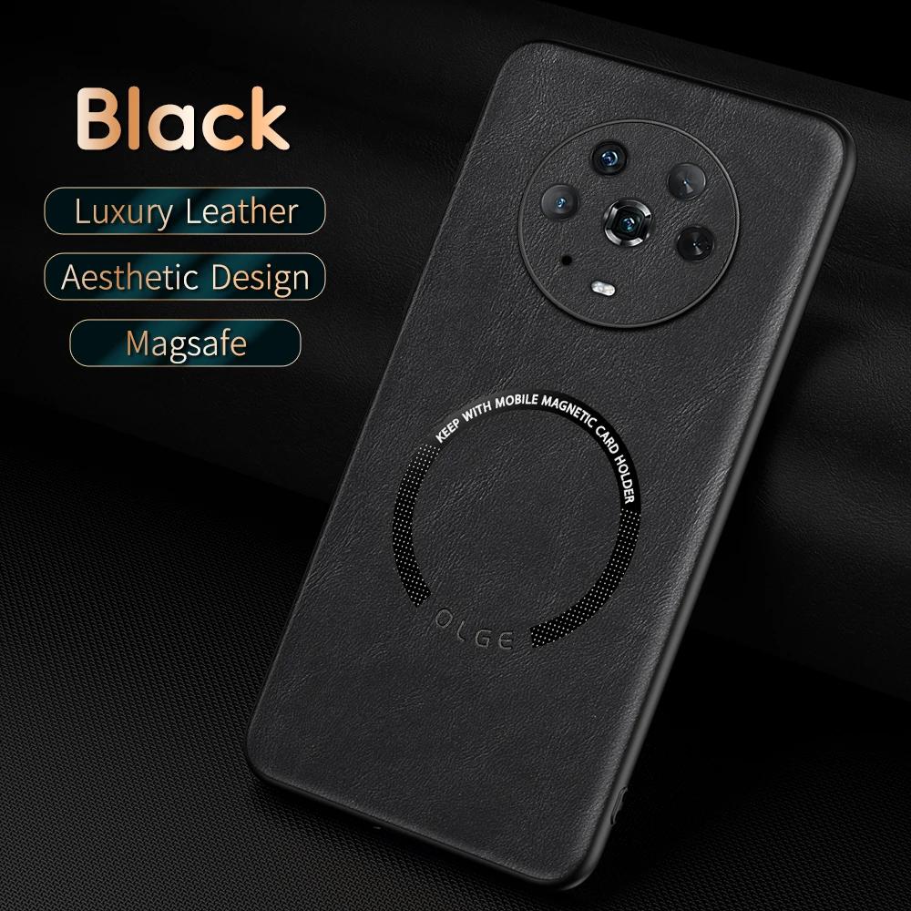 

For Honor Magic 4 4 Pro Fine Hole PU Cow Pattern Leather Outer Magnetic Ring Soft Edge Anti-Drop Anti-Fingerprint Phone Case For Magic 4 Pro