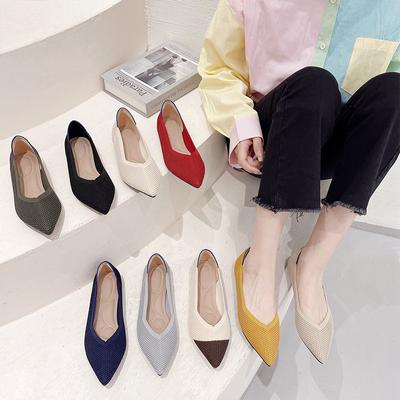 Frühling Spitzschuh Flacher Ausschnitt Einzelne Schuhe Damen Gestrickte Gewebte Schuhe Flache Eierbrötchenschuhe