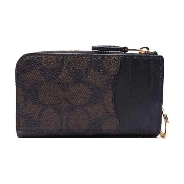 New COACH Recycled Leather Card Holder Mini Women's Walnut Wood & Black CW427-IMXAQ