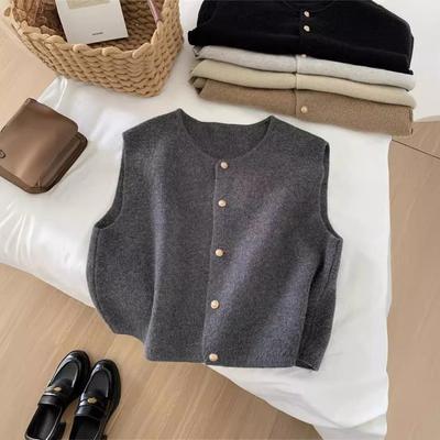 Retro Small Gold Buckle Crew Neck Knitted Vest Autumn and Winter New Versatile Outer Wear Stacked Cardigan Vest Sweater Women