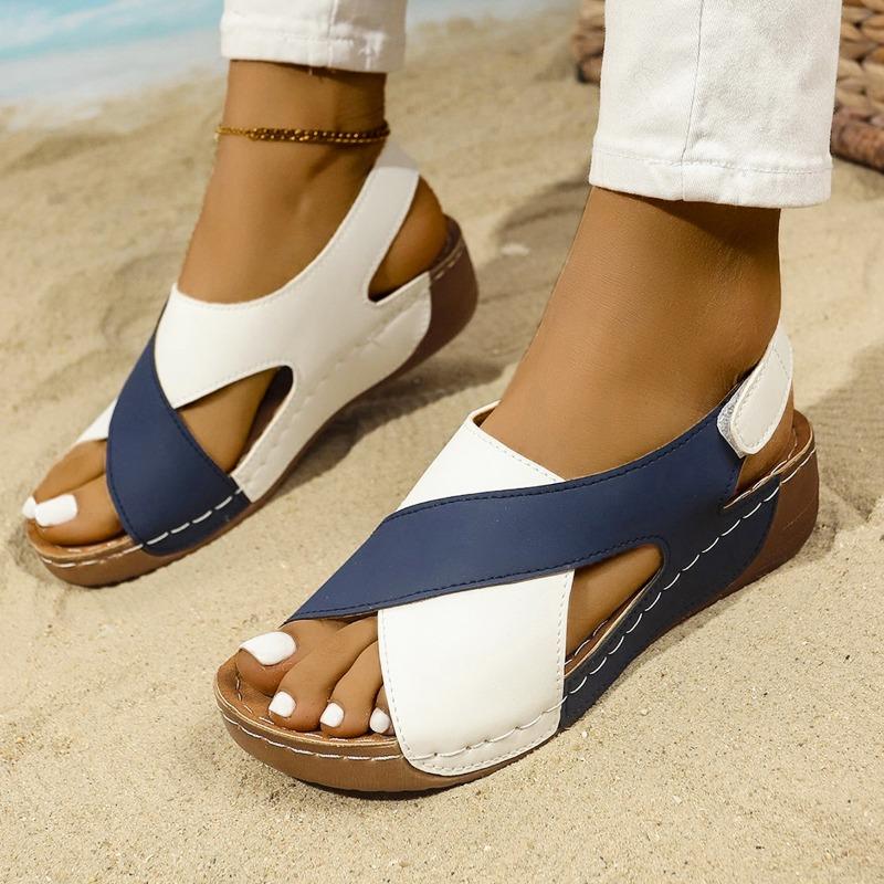Spring and summer new flat-bottomed wedge heel fish mouth sandals women's color matching large-size muffin thick-soled hollow beach sandals