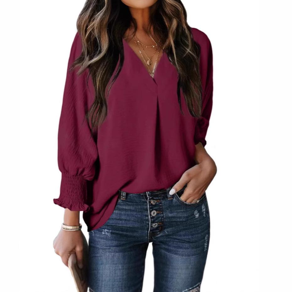 New Autumnal and Winter Women's V-neck Casual Long-sleeved Loose Shirt Top Blouse T-shirt