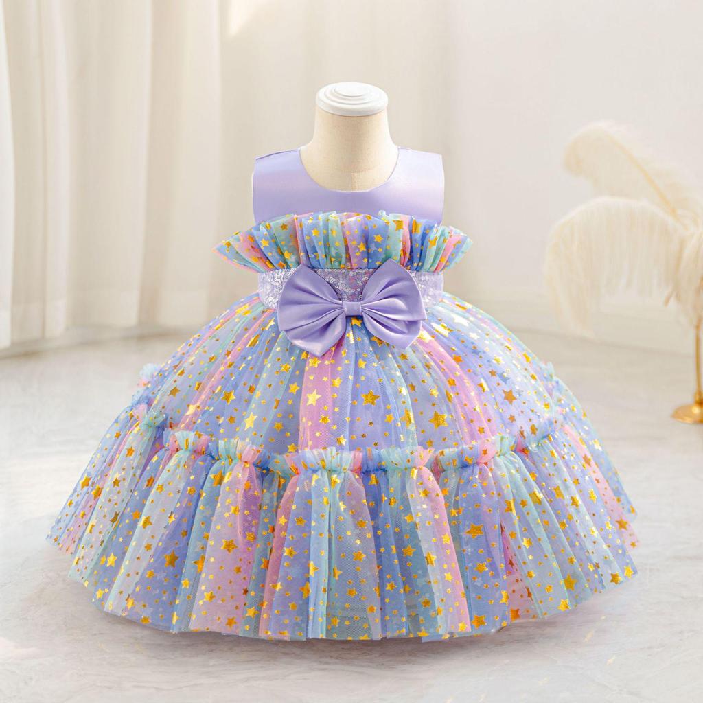 Summer 2025 Girls' Star Gradient Sleeveless Mesh Princess Dress with Butterfly Design for Formal and Piano Events