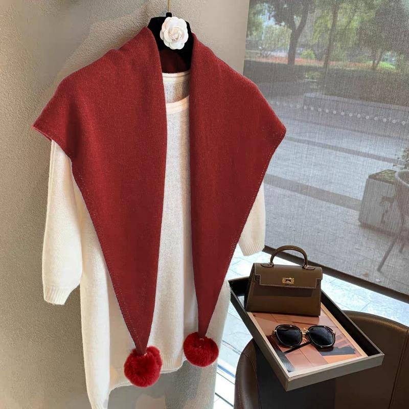 Women S Warm Knit Triangle Scarf With Pom Pom Korean Style Versatile Fashion Scarf