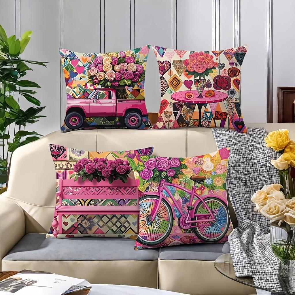 Romantic Pink Truck Pillow Covers, Colorful Patchwork Rose Bicycle Art Decorative Throw Pillow Cases, Home Decor Cushion Covers