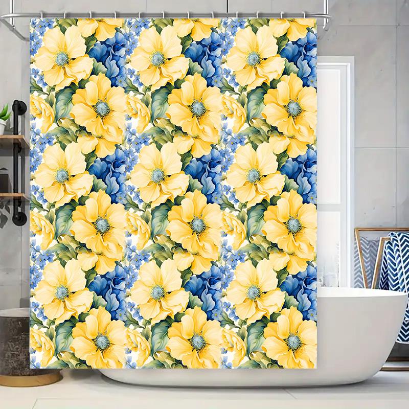 

Шторка для душа с цветочным узором, ярко-синяя, желтый цветочный принт для декора ванной комнаты, машинная стирка, водоотталкивающая ткань 90x180cm