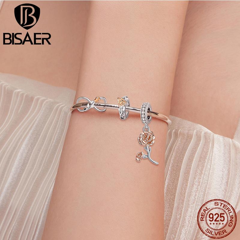BISAER 925 Silver Rose Gold Charm Bead Heart Flower Pendant For Girl Bracelet DIY Mother's Day Birthday Fine Jewelry