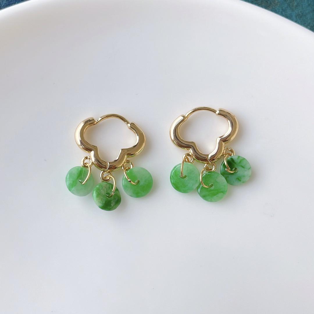 14k Gold-Plated A-Grade Natural Jade Green Dangle Earrings - Simple Chinese Style