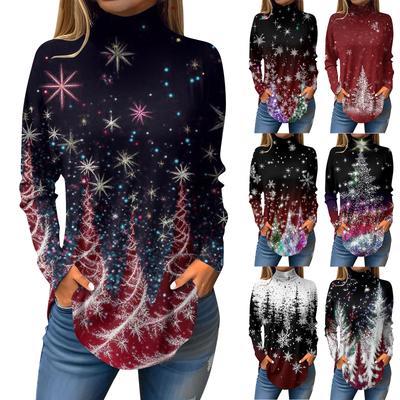 Damen Modisches Locker Sitzendes T-Shirt mit Stehkragen und Weihnachtsdruck Langarm-Oberteil