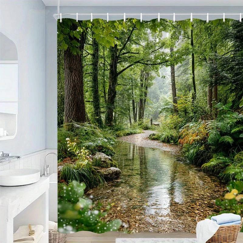 Nepremokavá sprchová závesa s pokojnou scénou lesného potoka pre relaxačnú kúpeľňovú výzdobu inšpirovanú prírodou 180x180cm