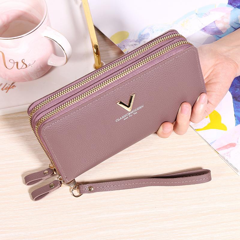 New double zipper women's wallet fashionable long soft leather simple large capacity clutch bag change mobile phone bag