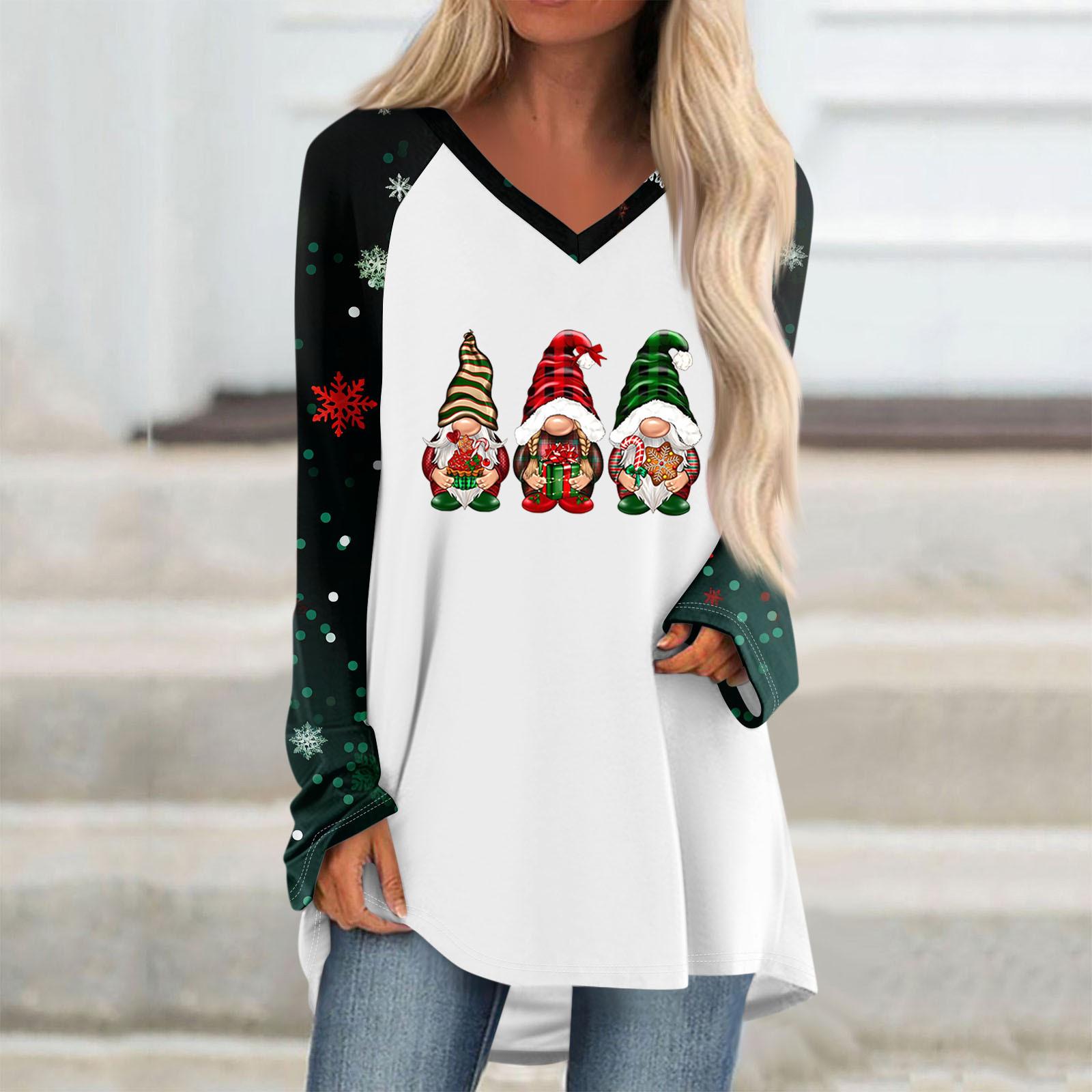 

Женская осенне-зимняя повседневная длинная свободная футболка с длинными рукавами и V-образным вырезом с рождественским принтом S