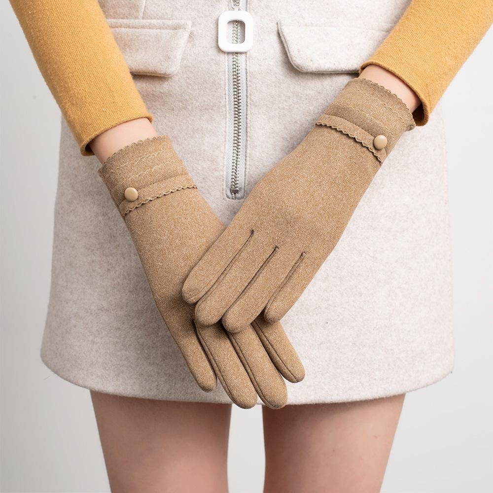 Korean Style Fleece-Lined Winter Gloves for Women, Non-Slip, Touchscreen, Solid Color, Single Button