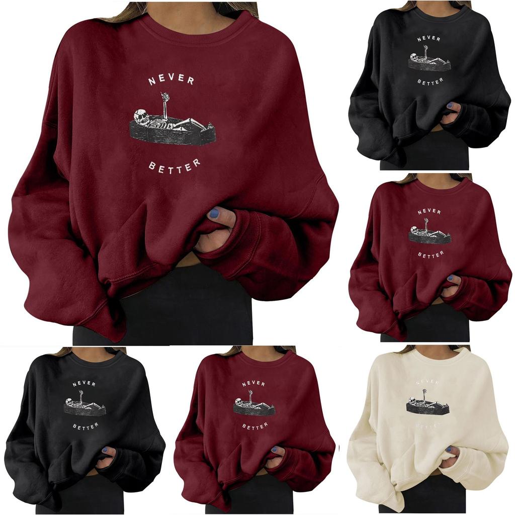 Naiste vabaaja Halloweeni printiga ümara kaelusega pikkade varrukatega dressipluus