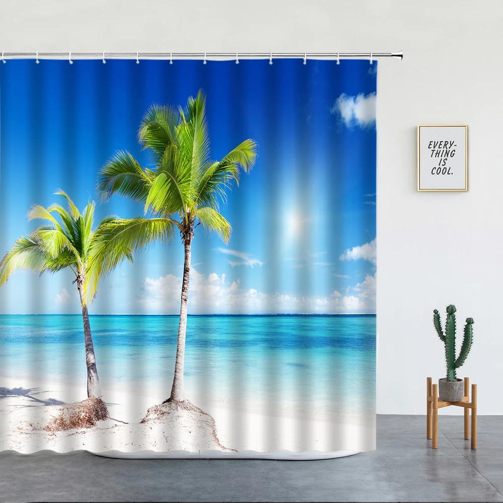 Beach Palm Trees Shower Curtains Sunset Island Hawaii Ocean Natural Landscape Polyester Bathroom Decor Cloth Bathtub Curtain Set