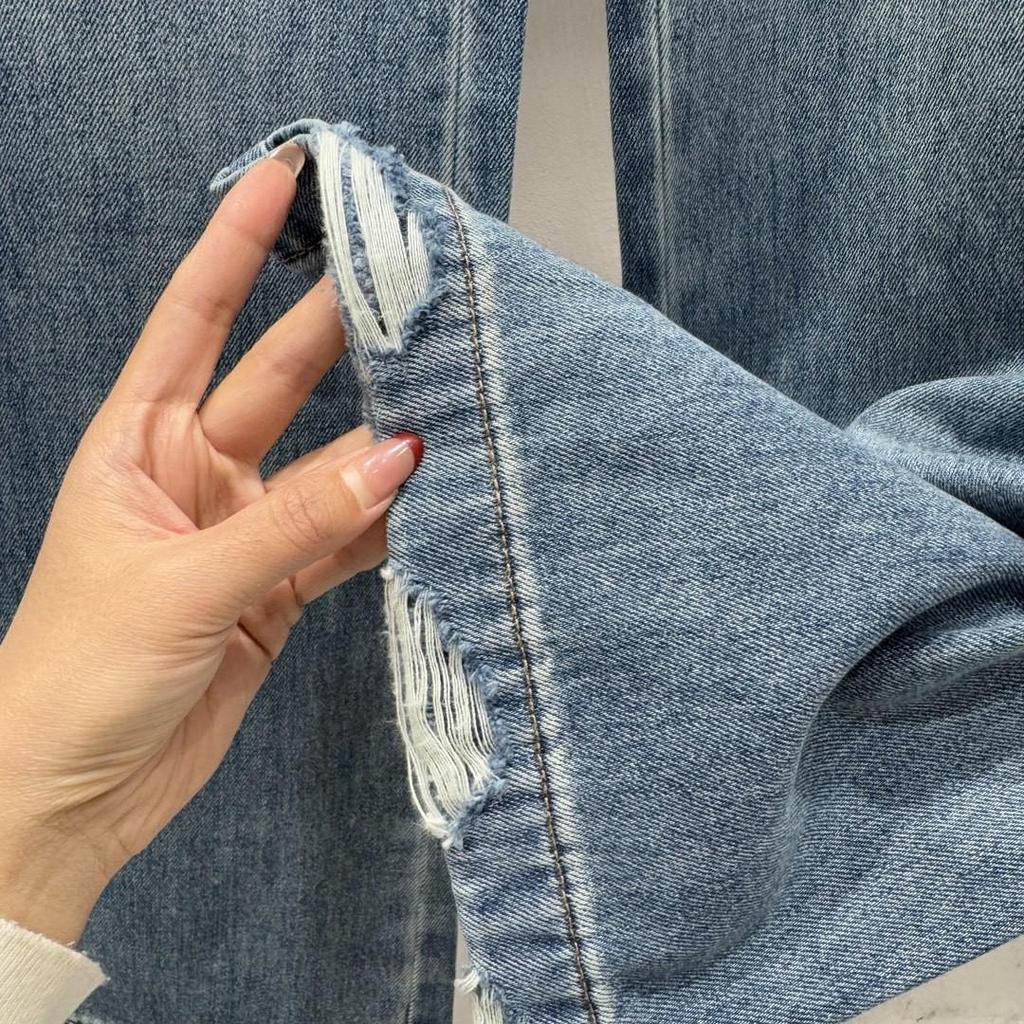 25 Spring Vintage High-Waisted Distressed Washed Slimming Wide-Leg Straight Jeans