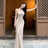 French retro temperament socialite dress women's sexy black waist slim and thin neck hip long dress children