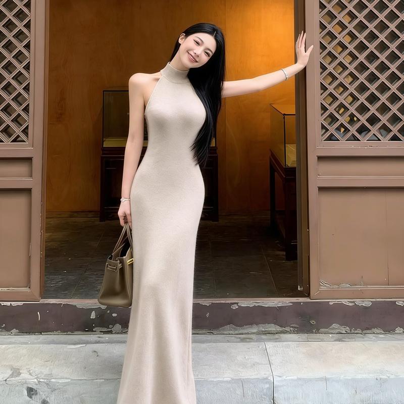 French retro temperament socialite dress women's sexy black waist slim and thin neck hip long dress children