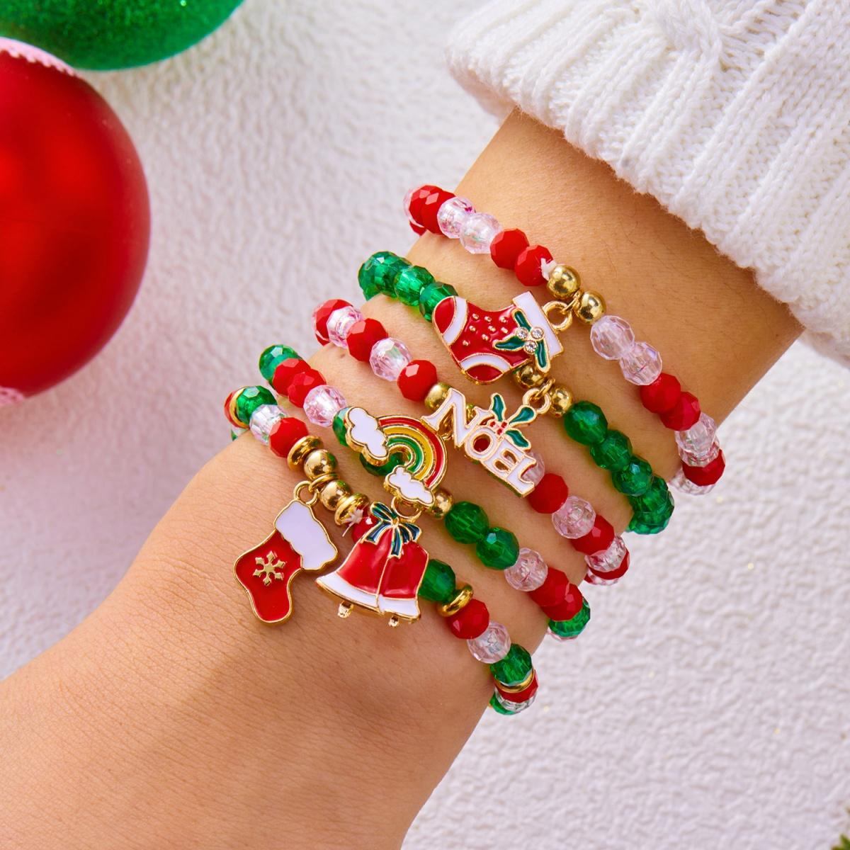 

Christmas Rainbow Socks Bell Pendant Bracelets Crystal Beads Multi-Layer Elastic Bangle Holiday Jewelry For Women Men Party Gift