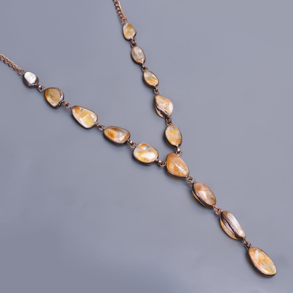 Natural Citrine Rough Copper Birthday Gift Chain Electroformed Necklace Jewelry V-20