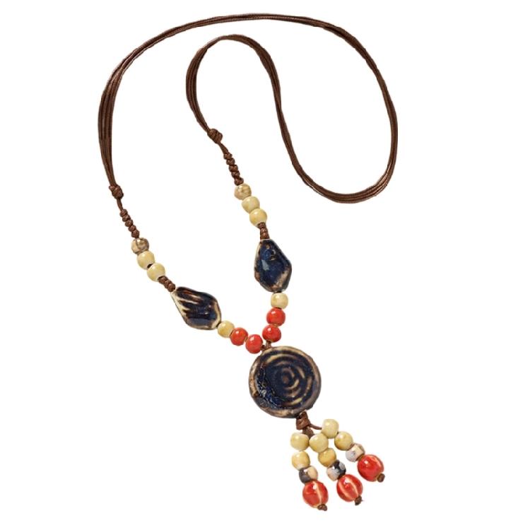 Delicate Ceramic Flower Beaded Necklace Handcrafted Retro Long Sweater Chain For Various Occasions