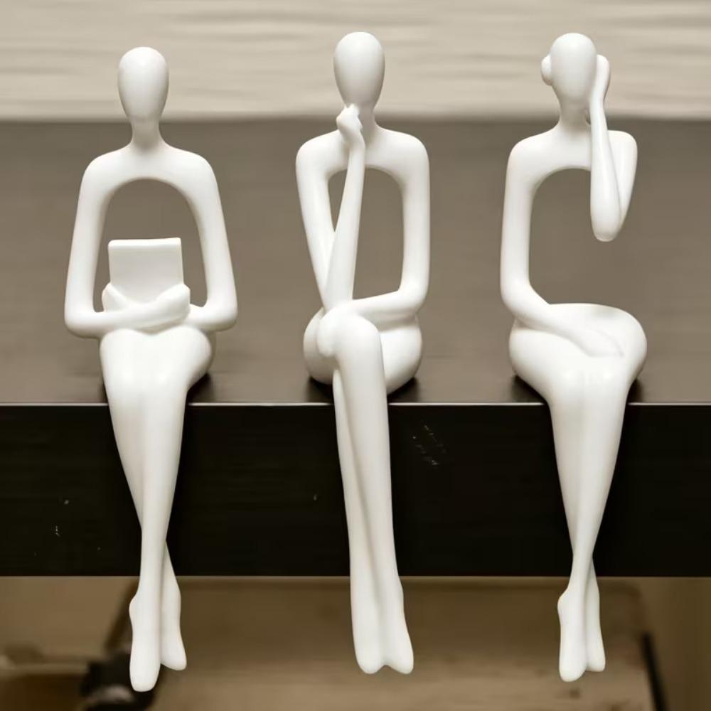 3Pcs Minimalist Abstract Sitting Human Sculpture Set Hollow Reading Thinking Figurine  Living Room