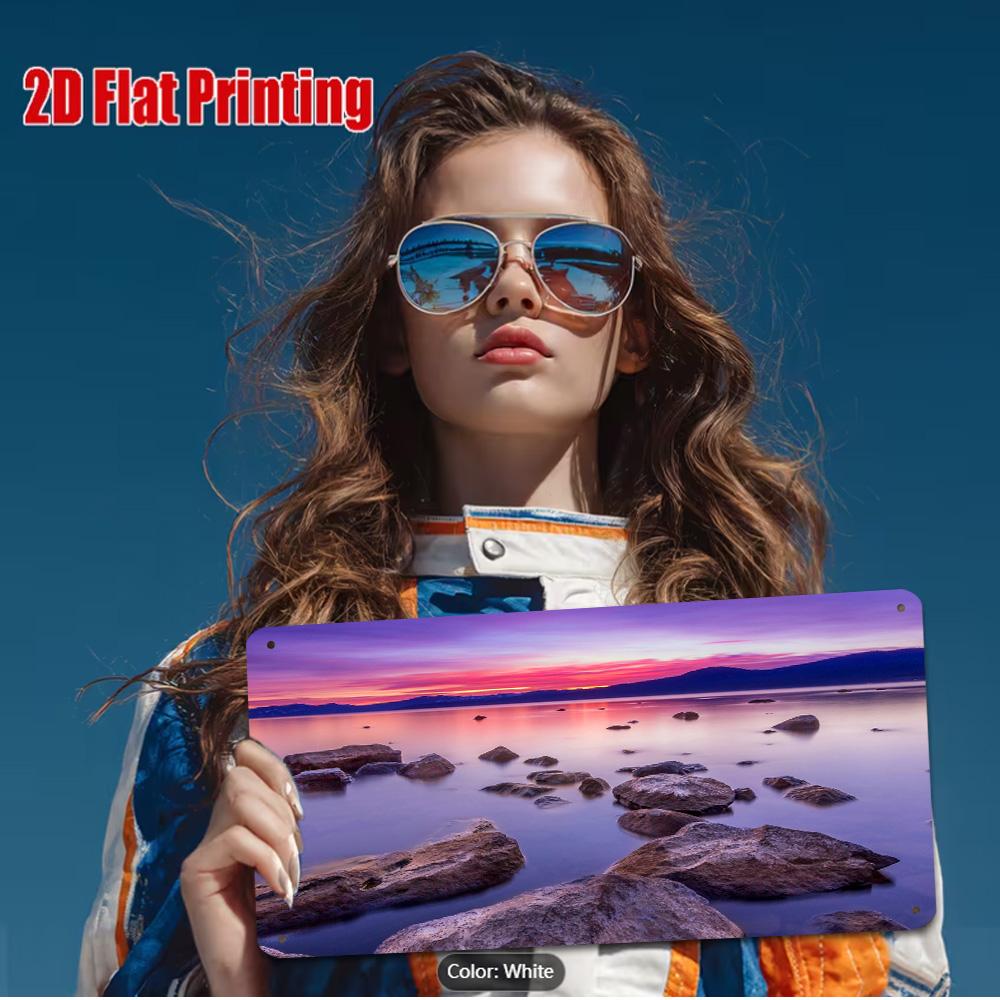 HD Metal Tin Sign Purple Sunset Lake Rocky Shore Nature Scenery Wall Decor