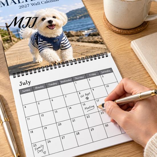 Thick Paper Monthly Planner 2027 Maltese Wall Calendar, Cute Dog Photography Hanging Pet Jan.2027-Dec.2027 12 for Home Office Academic Organizer