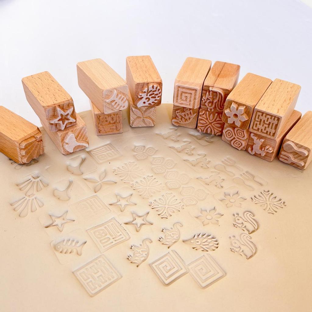 16-Piece Solid Wood & Ceramic Sculpture Tool Set: Mooncake Texture Mold Stamps - Creative Shapes