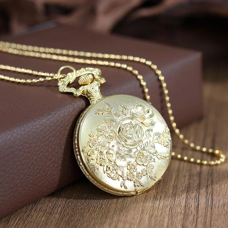 Luxury Gold Flower Quartz Pocket Watch Double-sided Printing Fashion Design Pendant Fob Watch Chain Gifts for Men