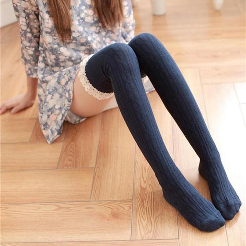 Calze di pizzo peluche autunno inverno collant di cotone moda sopra calzini al ginocchio