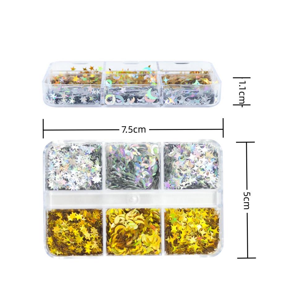 6-Grid Pack: Mixed Gold & Silver Star, Moon Glitter Eye Makeup Stickers for DIY Resin