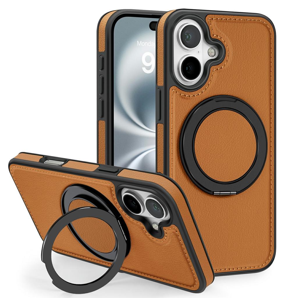 For iPhone 17 Case with Ring Kickstand Compatible with MagSafe PU Leather Back Cover