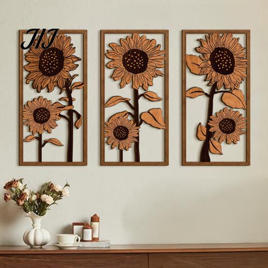 Boho Wall Accents 3Pcs Vintage Sunflower Wooden Decor, Farmhouse Cutout Wood Decor Art, Rustic Hanging Ornament for Living Room Bedroom Home