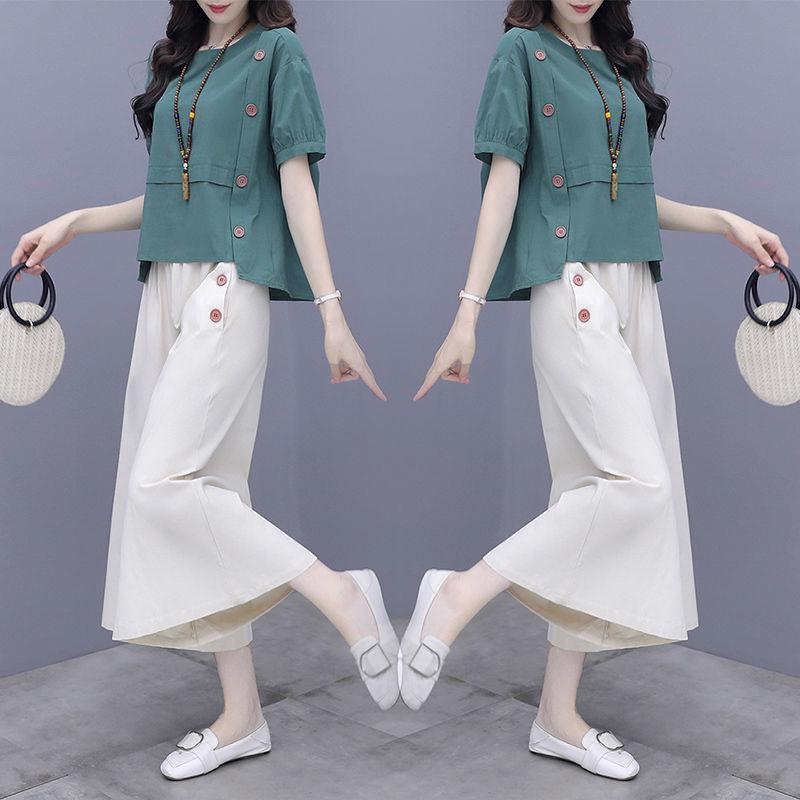 Loose Two-piece Short-sleeved Summer Women's Fashionable Wide-leg Pants Suit Loose and Slim