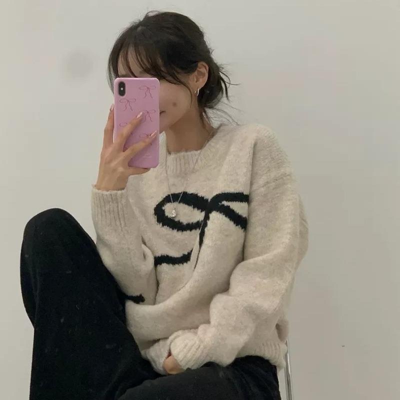Elegant Korean O-neck Bow Tie Pattern Sweet Pullover Sweater Autumn Women Long Sleeve Casual Knitted Top Loose Fashion Winter Simple Knitwear