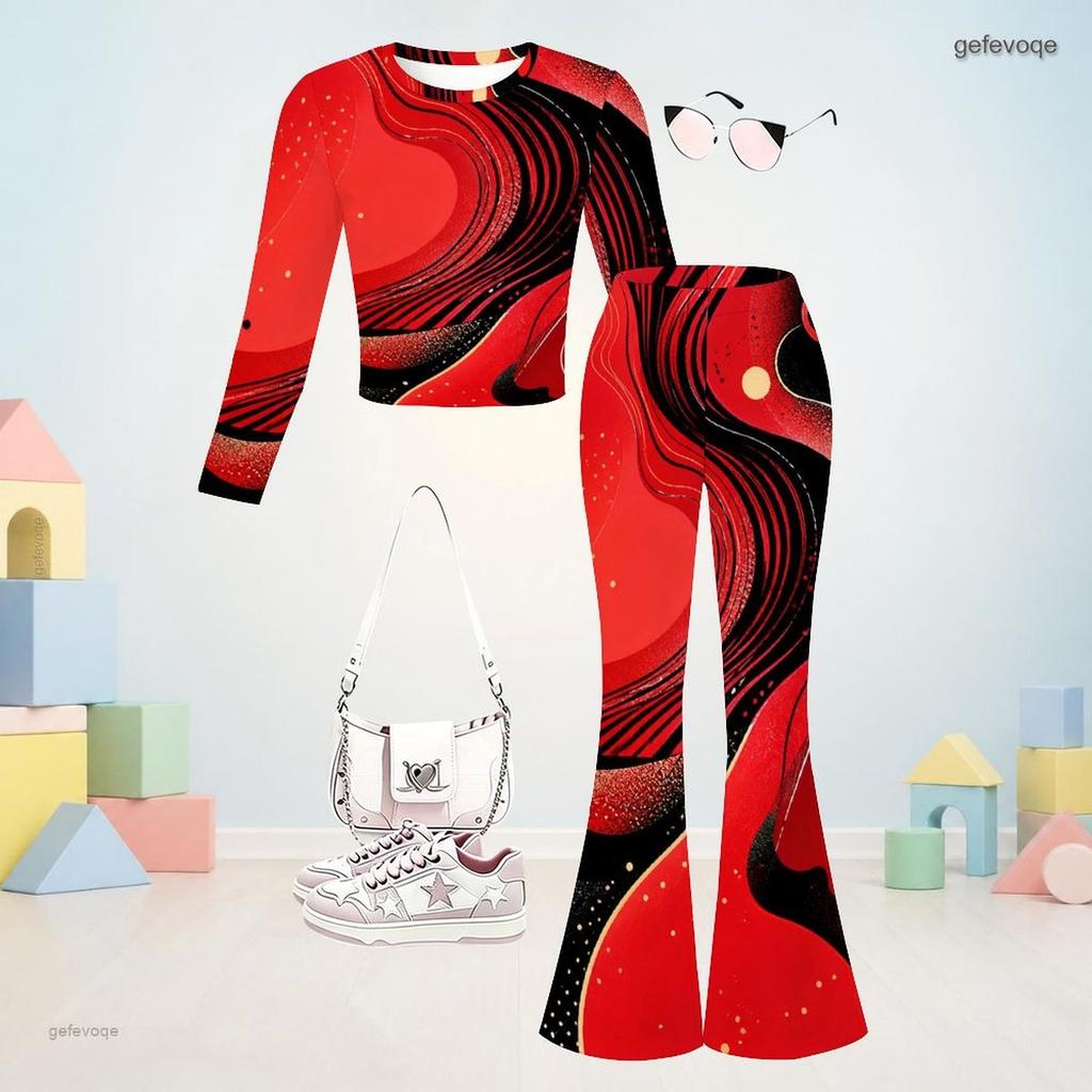 Girls Round Neck Long Sleeve Printed Crop Top Flared Pants Two Piece Set
