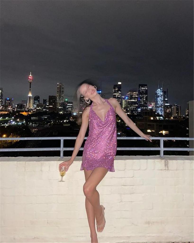 Rhinestone Spaghetti Strap Deep V Backless Nightclub Dress YX1401
