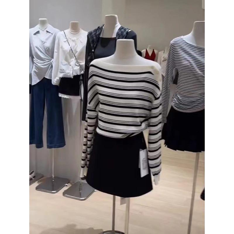 

One-word shoulder striped knitted sweater women s early autumn new design sense niche slim and thin long-sleeved top One Size