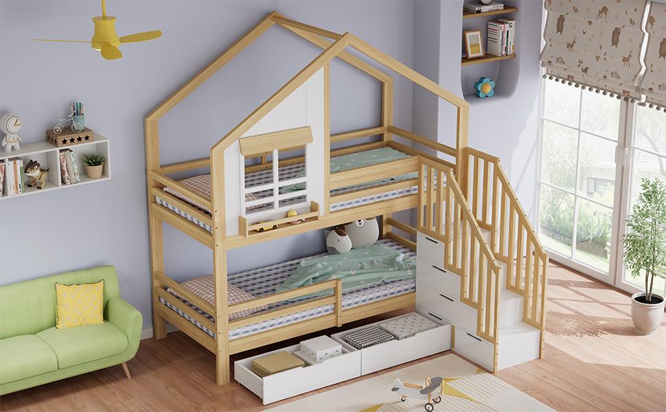 Bunk Bed, Children's Bed, Two Drawers with Rollers, Exquisite Windows, Safety Ladder with Handrails, Pine + MDF, White+Natural, 90x200cm