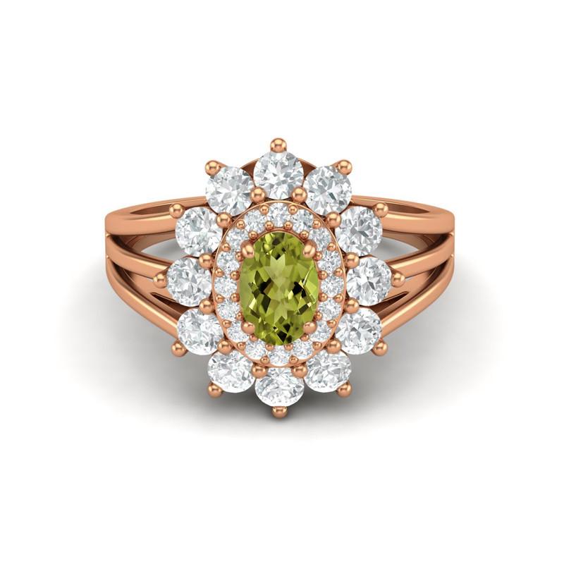 6X4MM Ovaler Peridot Edelstein 925 Sterlingsilber Rosévergoldet Halo Geteilte Ringschiene