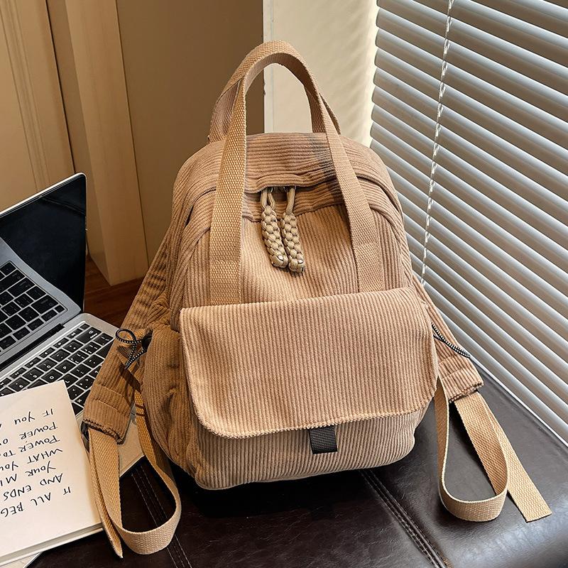 Schoolbag Corduroy Backpack Female Portable College Student School Bag Female Light Niche Versatile Commuter Leisure Travel Backpack Female