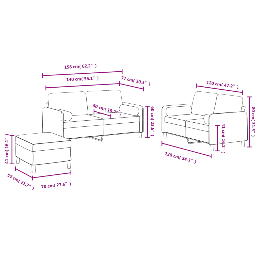 3 Piece Sofa Set with Cushions Light Grey Velvet
