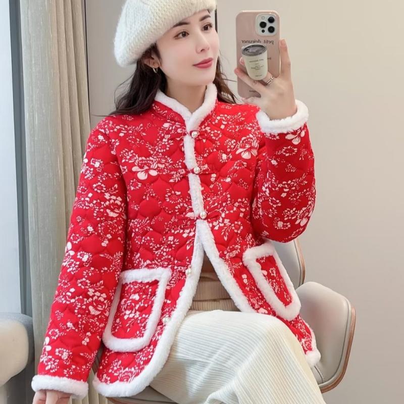 

Plus Size Women s Chinese Style Retro Floral Padded Jacket Net Celebrity Same Style Padded Jacket All-match Big Padded Jacket Cotton M червоний