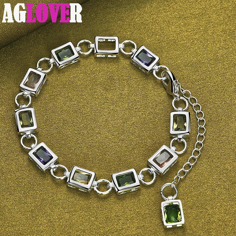 925 Sterling Silver Square inläggningar med flerfärgade AAA Zircon Armband Smycken