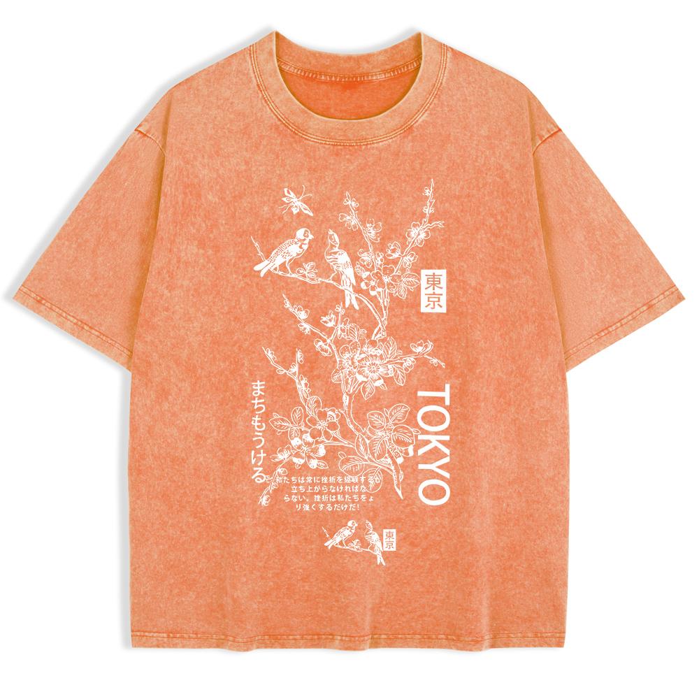 

Tokyo Cherry Blossom Bird Printed Washed T-Shirts Mens Cotton Oversized T Shirt Summer O-Neck Short Sleeve Tops Clothes 3XL