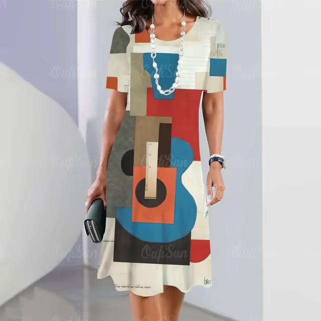 Elegant Women Short Sleeve Fashion 3d Print Midi Dress Plus Size Beach Clothing